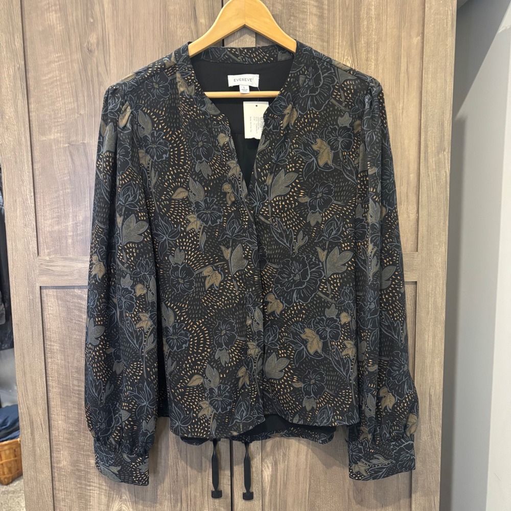 Evereve Darby Chiffon Top Dark Floral Long Sleeve Blouse Large